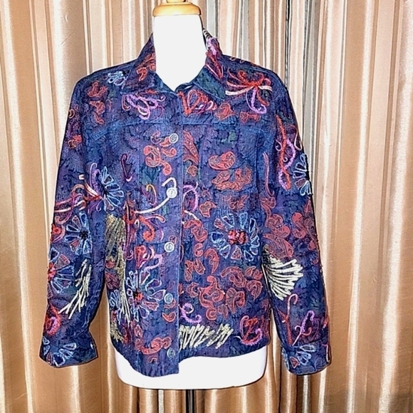 Chico's Embroidered and beaded Jean Jacket Size 1 (8/10) - Picture 1 of 9
